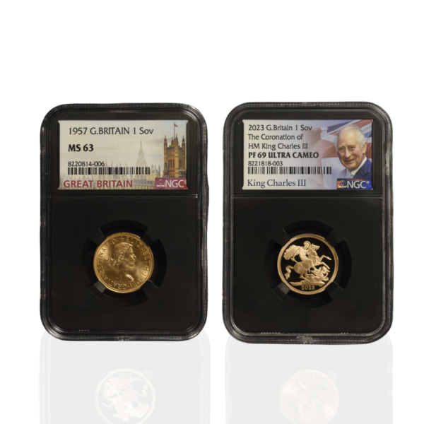The 1957 Sovereign Graded MS63 & 2023 Coronation of His Majesty King Charles III Gold Proof Sovereign Graded PF69 Set - Image 2
